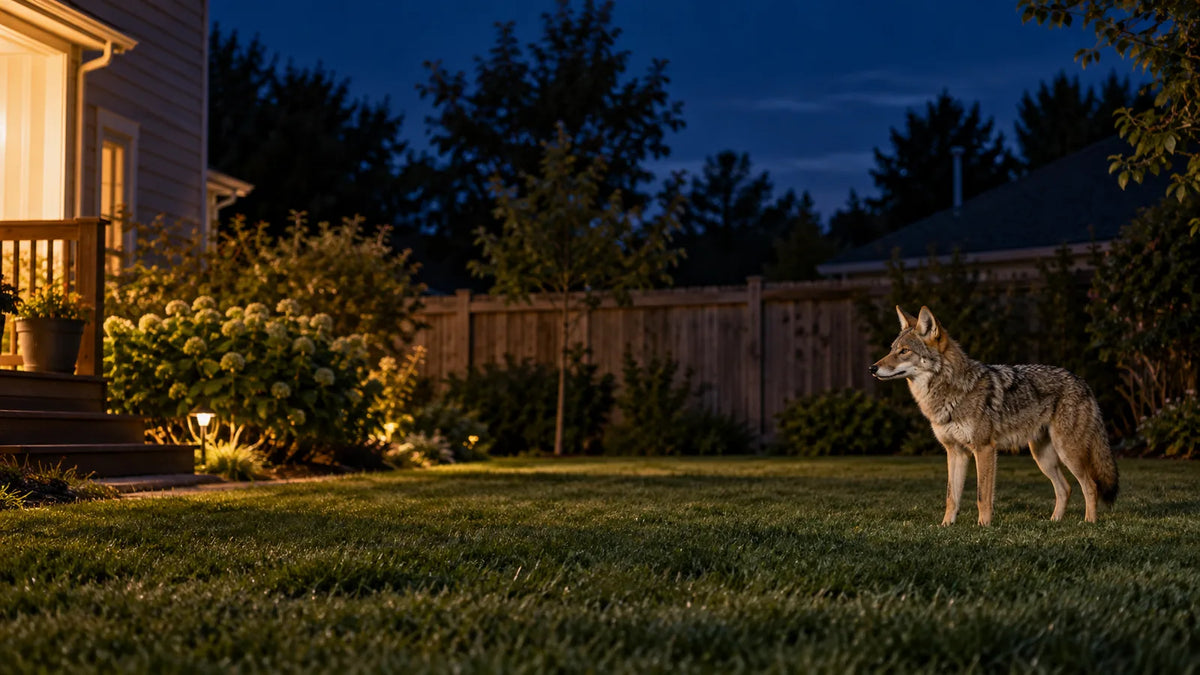 Coyote standing in a suburban backyard at night near a warmly lit porch