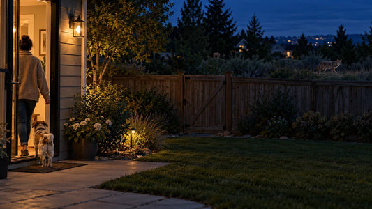 Homeowner bringing a small dog indoors while a coyote remains beyond the backyard fence at dusk
