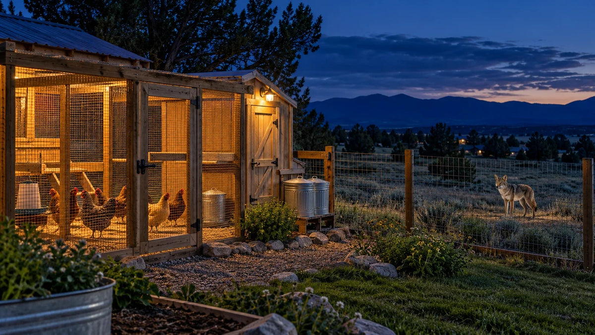 Secure illuminated chicken coop at night with chickens inside and a coyote beyond the outer fence
