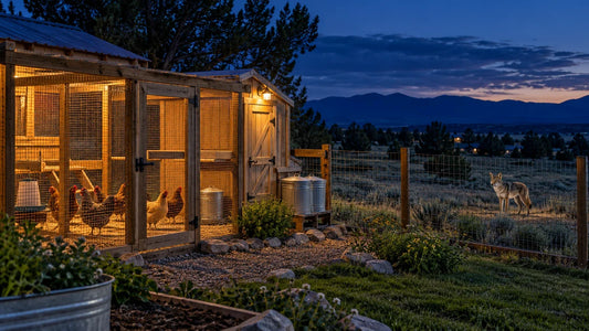 Secure illuminated chicken coop at night with chickens inside and a coyote beyond the outer fence