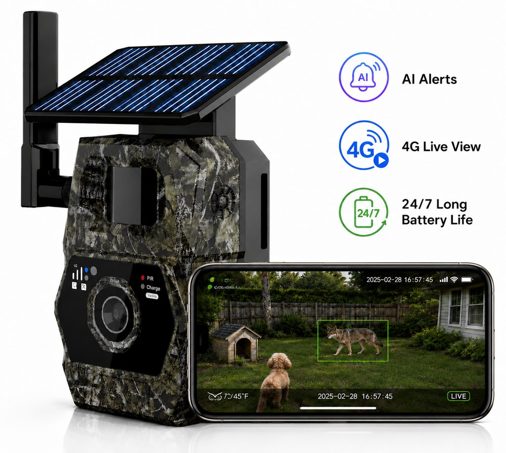 VIBROWL Cam with solar panel and live view on phone