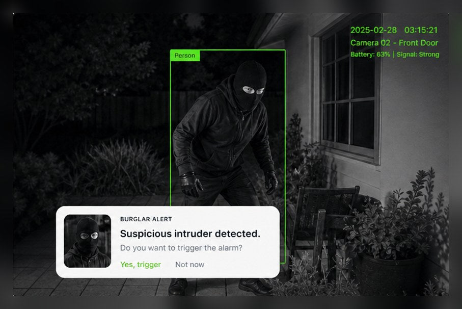 Suspicious intruder detected by VIBROWL AI at night
