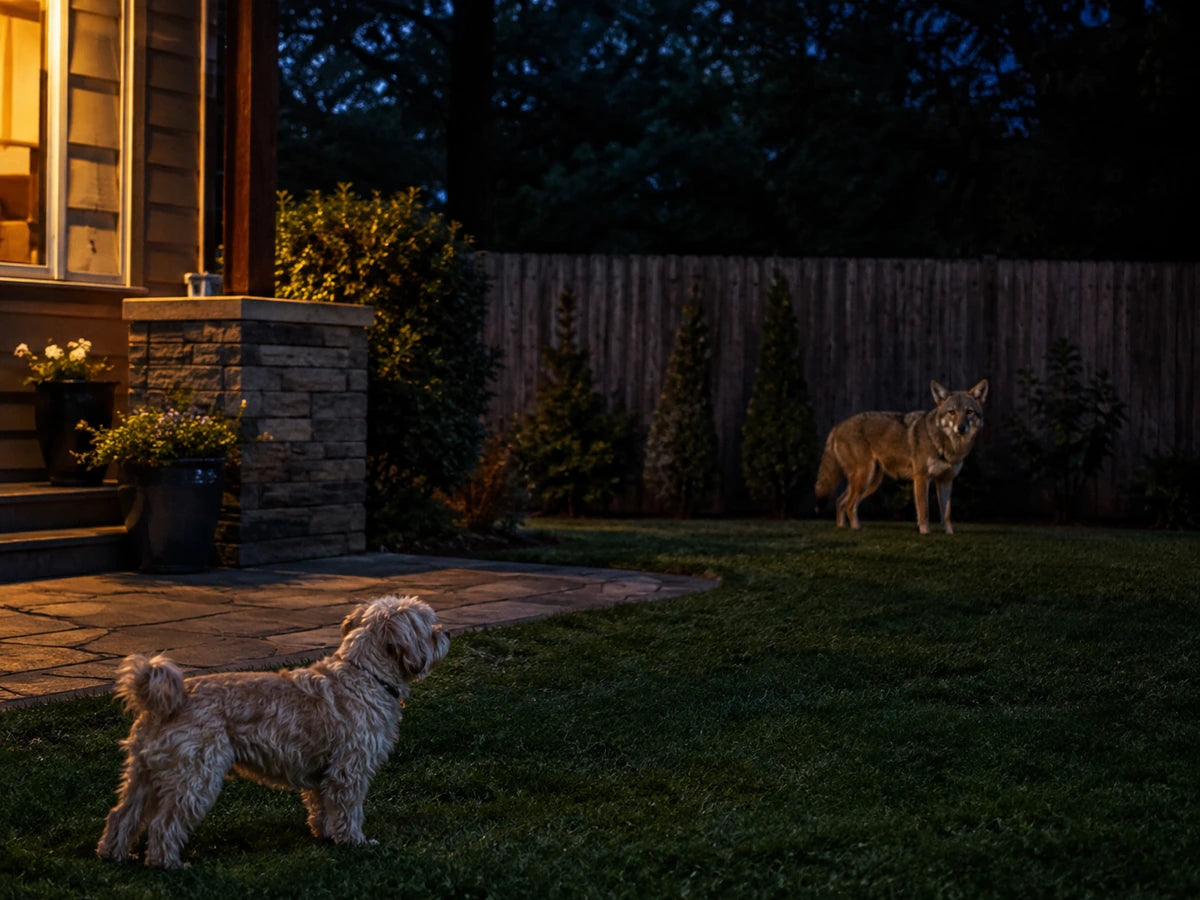 Illustrative backyard scene with a coyote near a small dog after dark