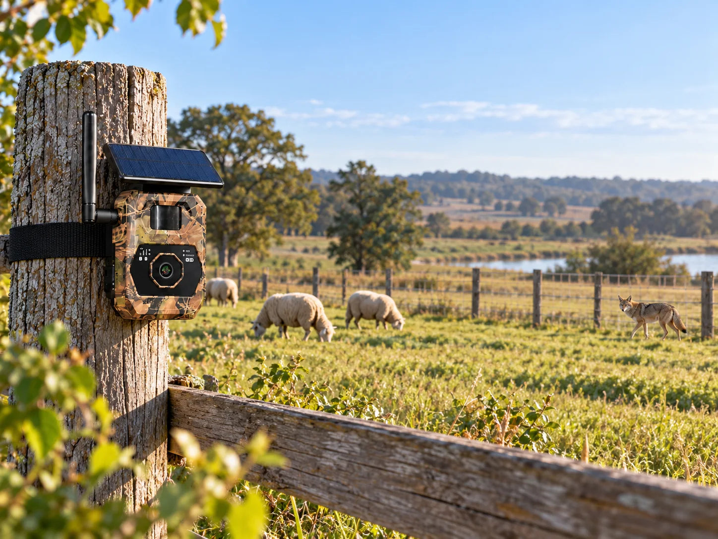 Illustrative VIBROWL camera installation monitoring a distant coyote near a pasture fence