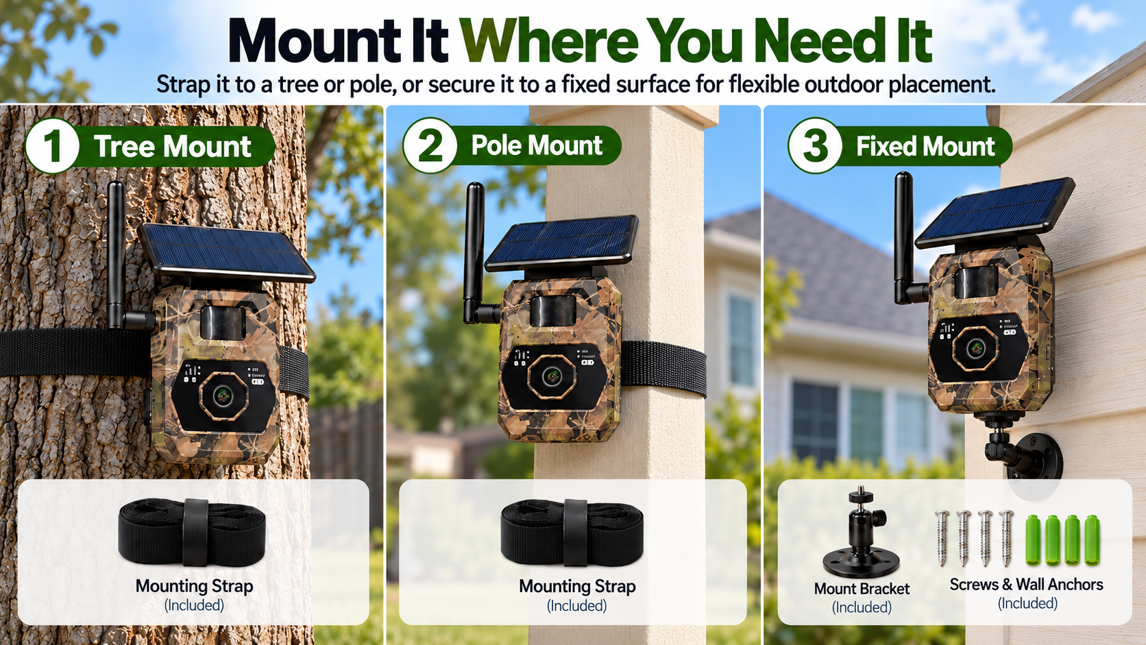 Three VIBROWL mounting options: tree, pole, and fixed surface